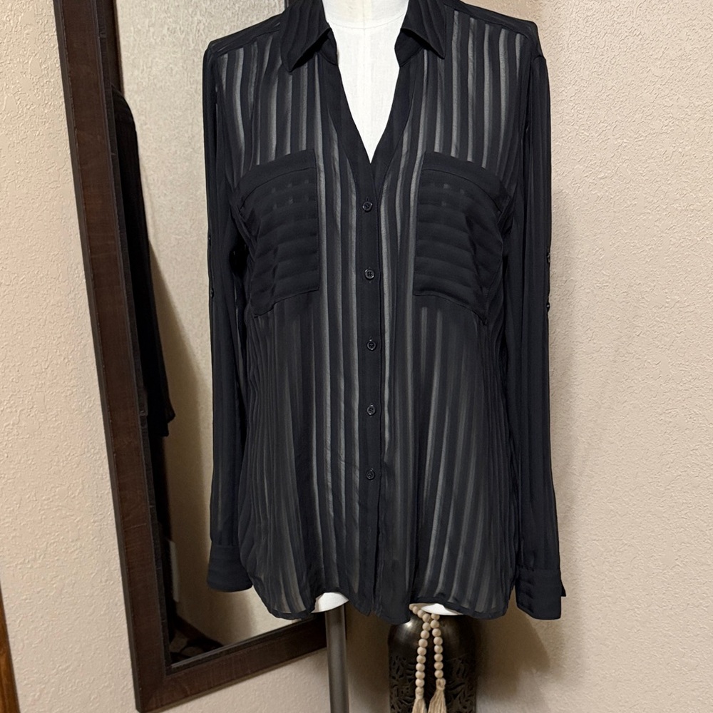 Express Sheer Black Button-Up Blouse - L